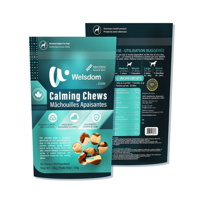 "Natural Dog Calming Chews - front view", "- ingredients", "- lifestyle"