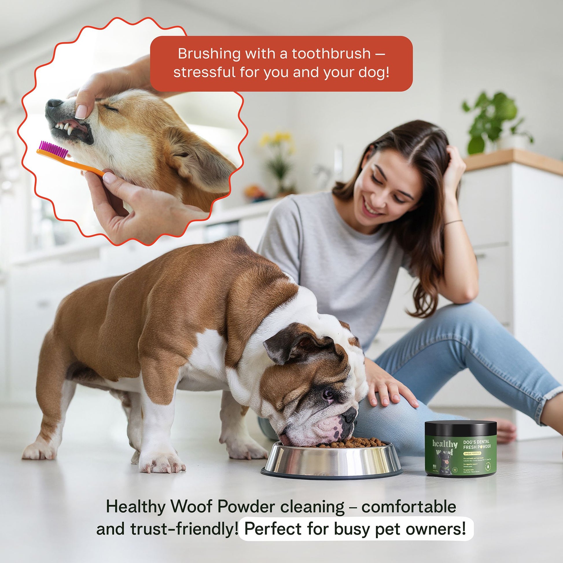 No-brush dental powder for dogs with bone broth formula