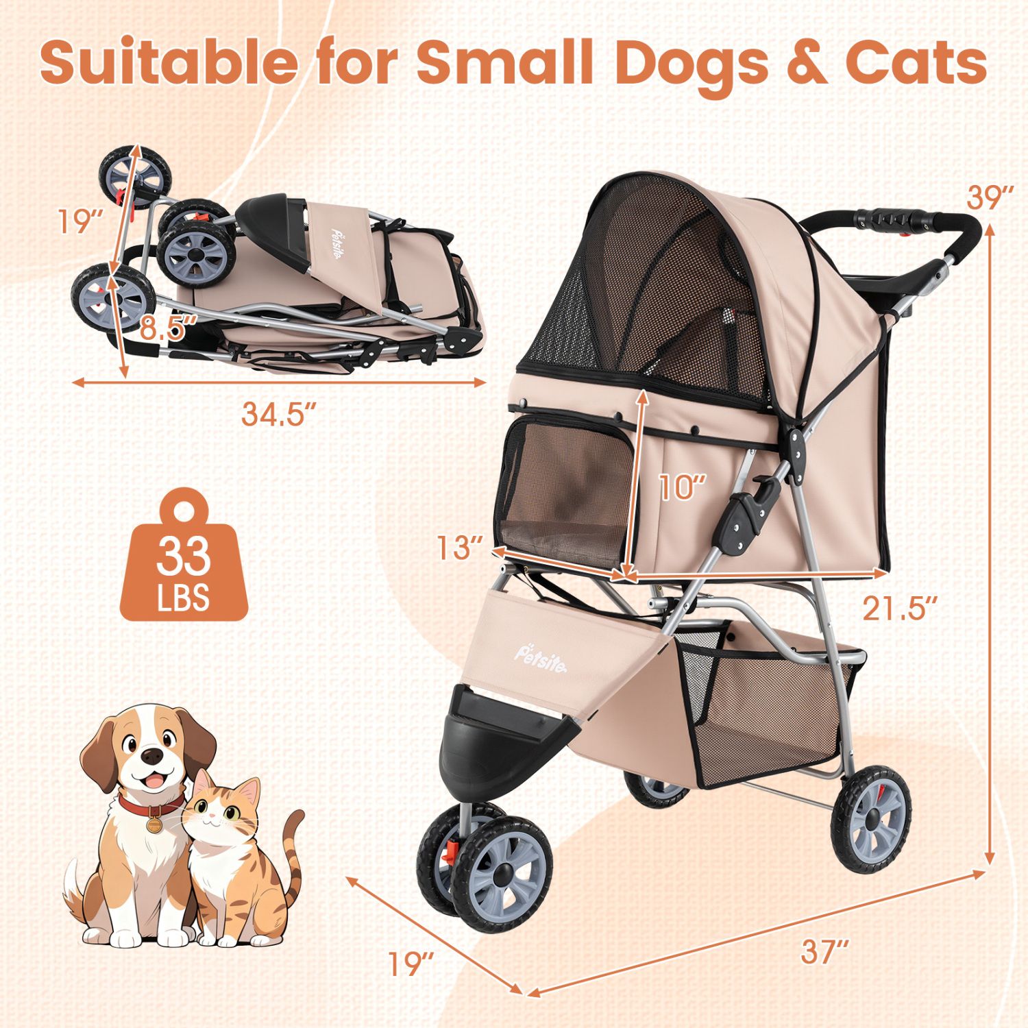 3-wheel pet stroller for small dogs and cats up to 33 lbs - The Crazy Dog Shop"